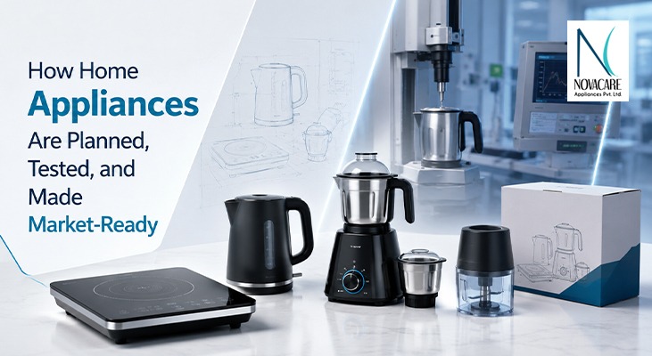 Home appliance manufacturing process showing product design, testing, quality checks, packaging and market-ready appliances by Novacare Appliances.